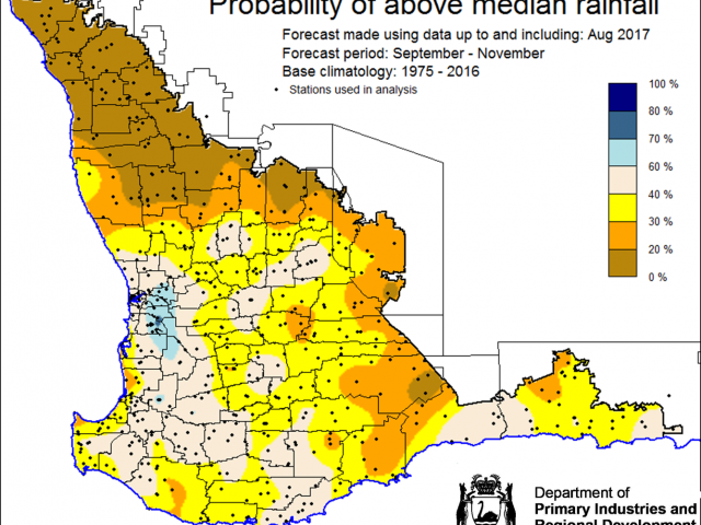 SSF forecast of probability of exceeding median rainfall for spring, September to November 2017 indicating 0-40% chance of exceeding median rainfall for the majority of the wheatbelt.