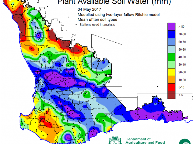 Plant available soil water map using data from 1 November 2016 to 4 May 2017.The map shows good soil moisture levels in the central wheatbelt, Great Southern and Esperance region and lower levels in northern wheat-belt and south-west corner.