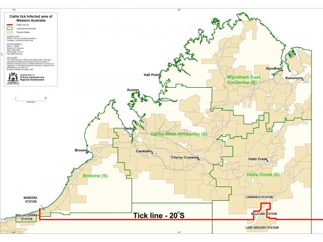 Map of cattle tick-infected area of Western Australia, above latitude 20S not including Balgo, Billiluna and Wallal