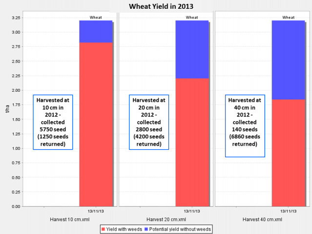 The simulated yield loss in 2013 after harvest in 2012 at three harvest heights; 10 cm, 20 and 40 cm.