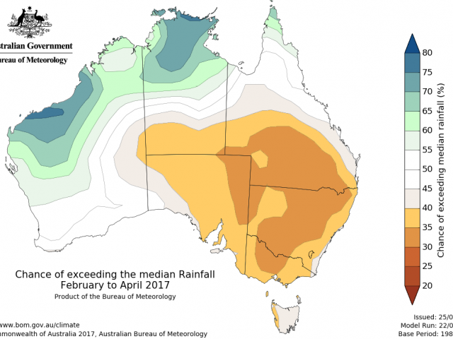 Rainfall outlook for February to April 2017 from the Bureau of Meteorology. Indicating even chance of above or below median for this time of the year.