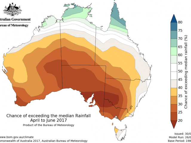 Rainfall outlook for April to June 2017 from the Bureau of Meteorology. Indicating below median rainfall likely.