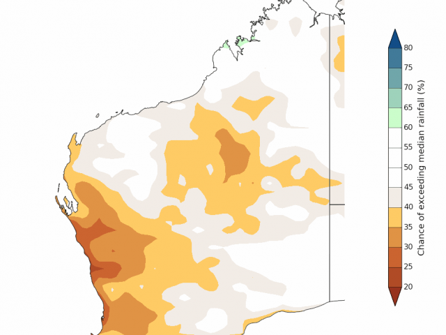 Rainfall outlook for July to September 2019 for Western Australia from the Bureau of Meteorology, indicating a dry outlook for the SWLD.