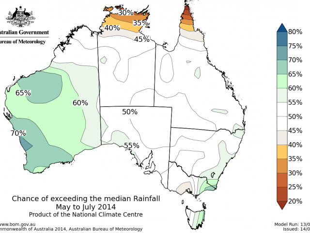 The rainfall outlook for May to July 2014 from the Bureau of Meteorology’s operational model indicates wetter than normal conditions are likely.
