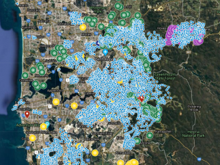Map showing distribution of DPIRD European wasp traps in the Perth metro area in 2019-20