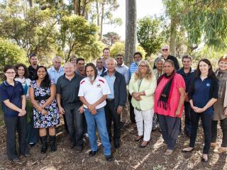 DAFWA’s Aboriginal Business Development (ABD)  staff, Kelly Flugge, Kira Tracey, Karlee Bertola, Josephine Fitzpatrick, Mark Chmielewski and Maurice Griffin are pictured with members of the first aboriginal producer group in WA, the Noongar Land Enterpris