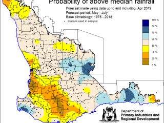 Probability of above median rainfall May to July 2019 map