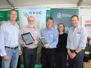 At the iLime app launch at Dowerin GWN7 Machinery Field Days are (l-r) GRDC acting senior regional manager – west Peter Bird, DPIRD senior research officer Chris Gazey, Dr James Fisher of Desiree Futures, Premier’s Midcareer Fellow Dr Fiona Evans and GRDC