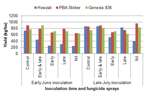 Yield of three chickpea varieties as affected by timing of ascochyta infection and fungicide spray regime, as described in text.