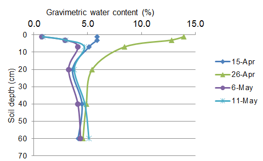 Gravimetric water content measured at several soil depths including seeding depths, as discussed in text.