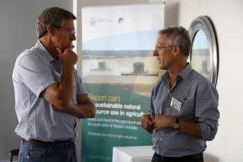Photo caption: Department of Agriculture and Food principal research officer Noel Schoknecht (right) and Evergreen chairman Bob Wilson discuss future enhancements to the sustainable agriculture report card.