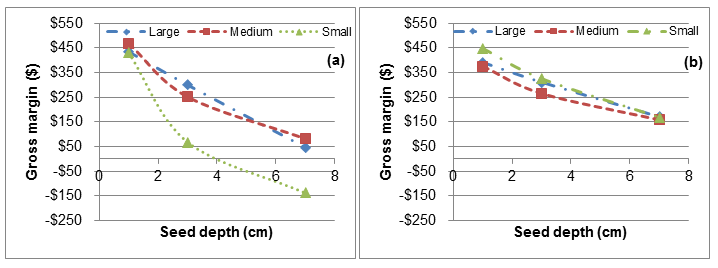 gross margin by seed size and seed depth (a) ATR Bonito (b) Hyola 599TT as described in text