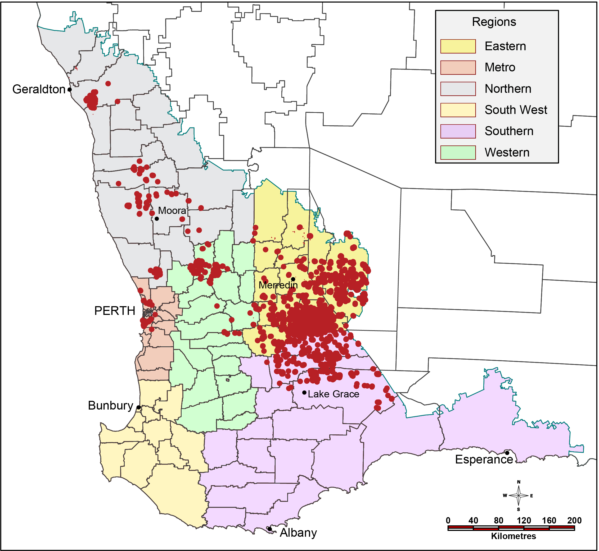 map of infestations found during the Skeleton Weed Program 2017-2018
