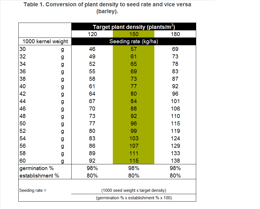 Conversion rates for target barley seedings of 120, 150 and 180 plants per metre square