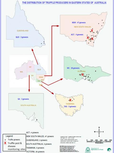 Location of truffle orchards in eastern Australia and truffle pest and disease monitoring sites