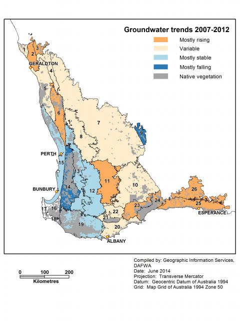 Groundwater trends from 2007 to 2012 show that watertables were rising in a few areas, notably north of Geraldton, around Esperance and a few others. They were mostly stable in other parts of the South-West of Western Australia