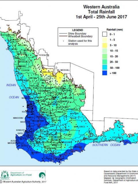 Chart showing rainfall in WA from 1 April to 25 June 2017