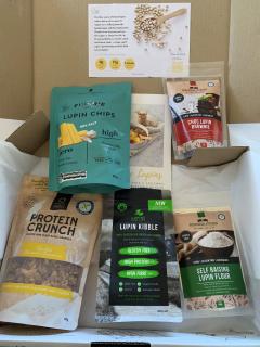 Lupin products include lupin flour, chips, kibble and choc brownie and granola mix.